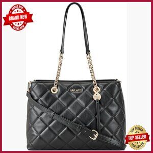 Faux Leather Shoulder Bag with Triple Compartments and Gold Accents